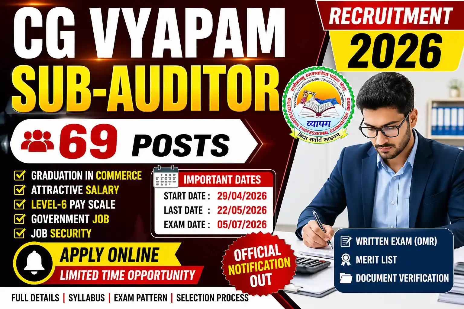 CG Vyapam Sub-Auditor Recruitment 2026 Apply Online for 69 Post (COSA26)