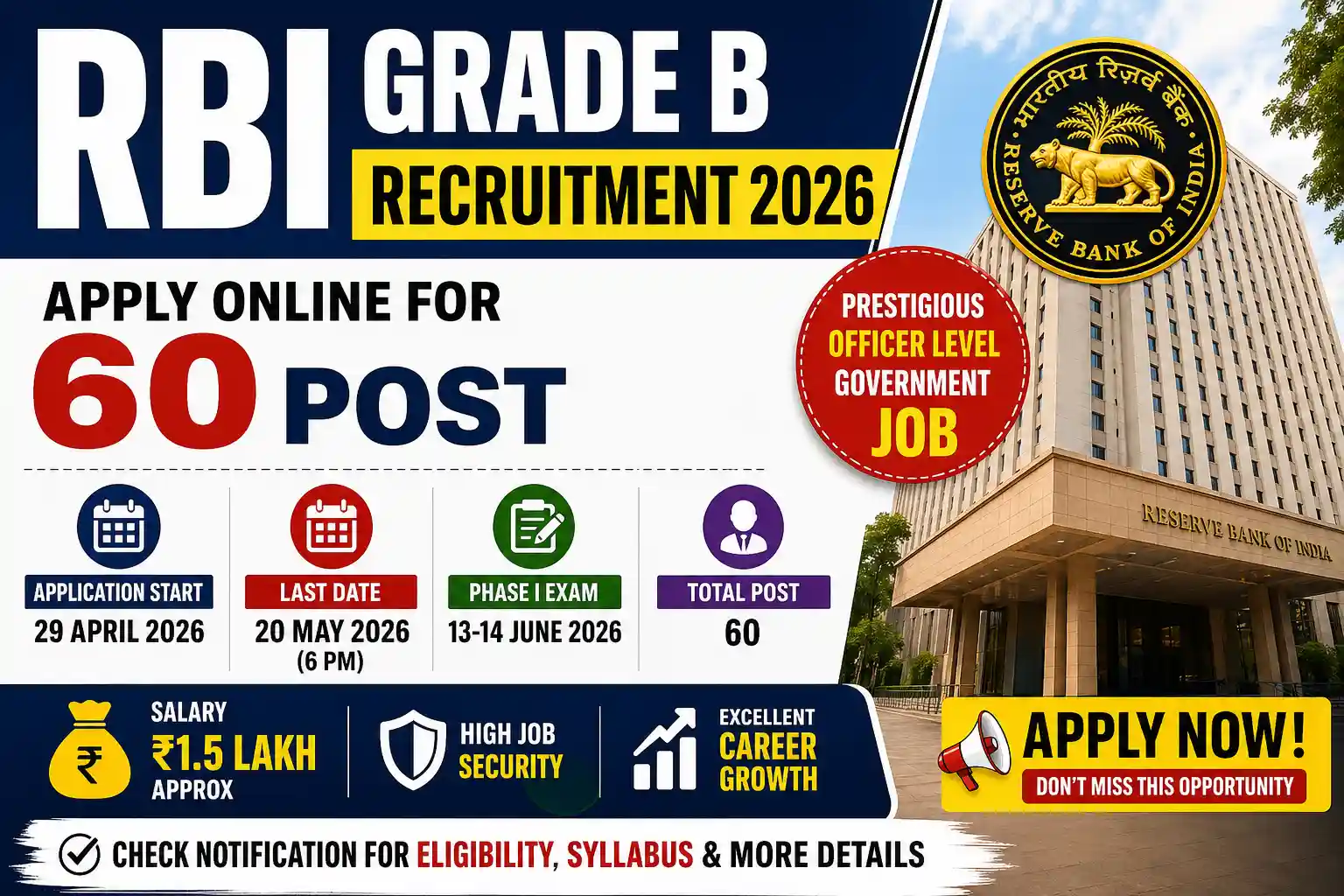 RBI Grade B Recruitment 2026 Apply Online for 60 Post