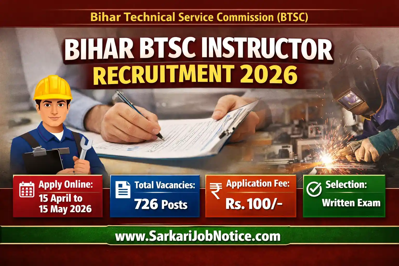 Bihar BTSC Instructor Recruitment Advt No. 14-232026, 726 Post